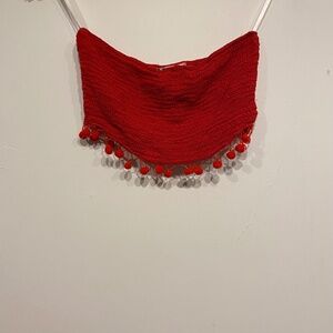 Wild Honey Red Smocked Pom Pom Cropped Strapless Top Size Small